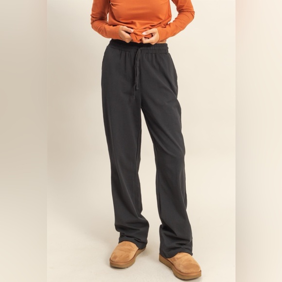 NEW Double Zero Black Cotton Wide Leg Lounge Pants Drawstring High Waist Medium - Picture 4 of 6